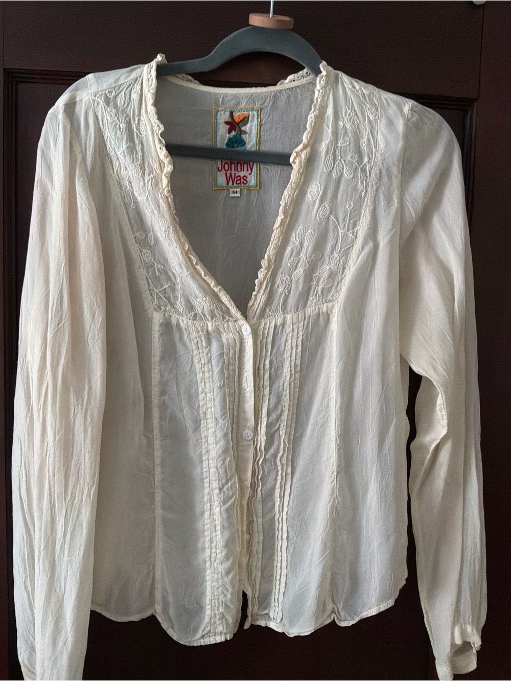 Johnny Was Cream Embroidered Button-Down Blouse